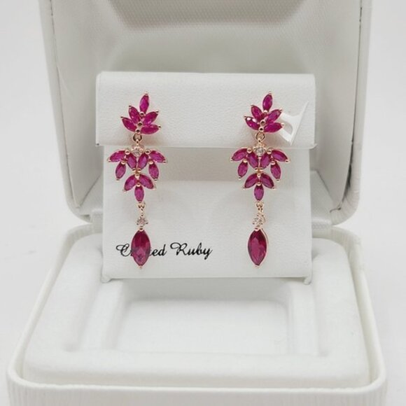 14K Rose Gold Over Silver Lab Created Ruby & White Sapphire Flower Earrings $250 - Picture 1 of 3